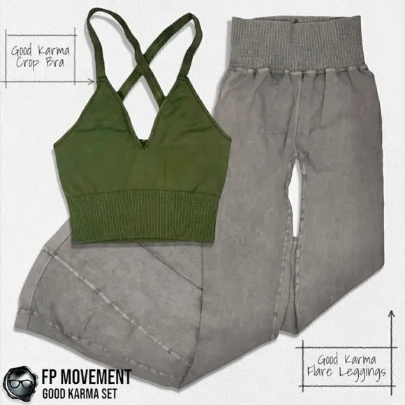 FP MOVEMENT GOOD KARMA SET: CROP TANK BRA + FLARE LEGGINGS IN MUSHROOM & GREEN - Picture 2 of 15